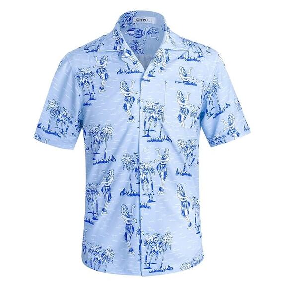 Men's 3XL Hawaiian Shirt Light Blue Tropical Print Hula Dancers Palm Trees - Picture 1 of 5